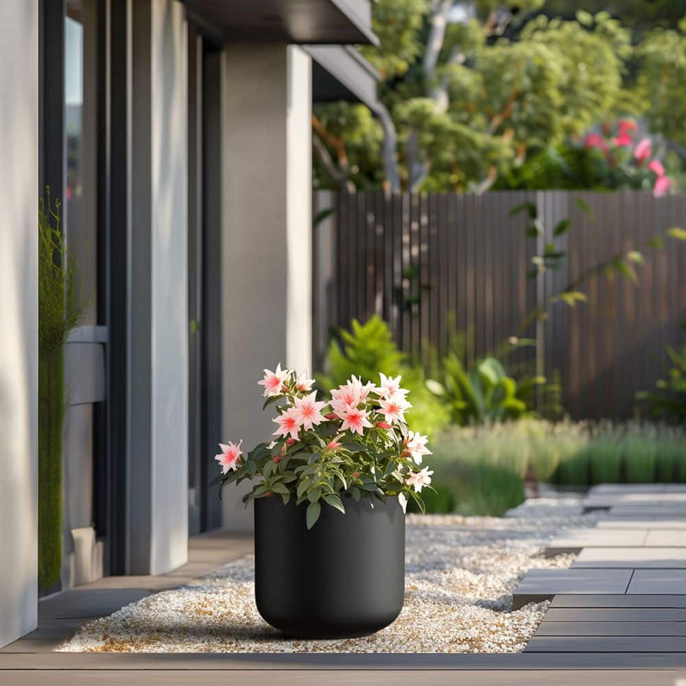 17.5 in. Large Charcoal Black Concrete Round Planter / Pot with Drainage Holes - Hercitys