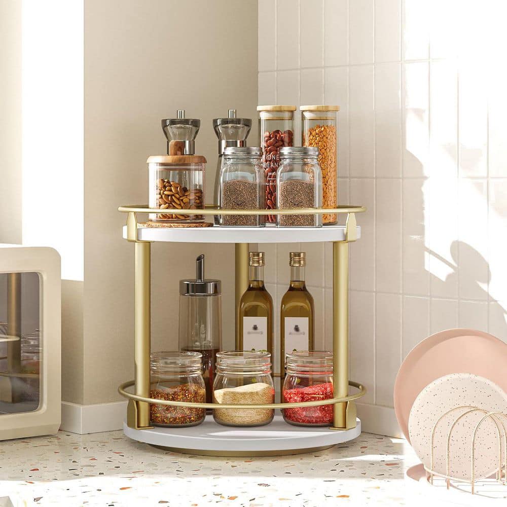 2 Tier Spice Rack Turntable Organizer for Kitchen Countertop and Cabinet, Compact and Versatile, White and Gold - Hercitys
