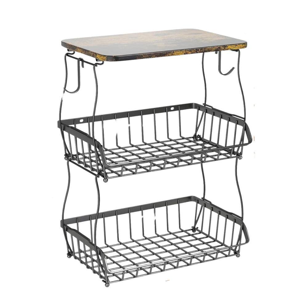 3-Tier Metal Fruit Basket for Kitchen Counter with Wood Lid and Banana Hanger for Produce Pantry Storage in Black - Hercitys