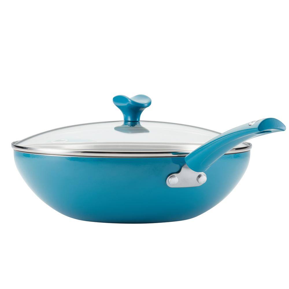 11 in. Turquoise Cityscapes Porcelain Enamel Nonstick Covered Stir Fry Pan - Hercitys