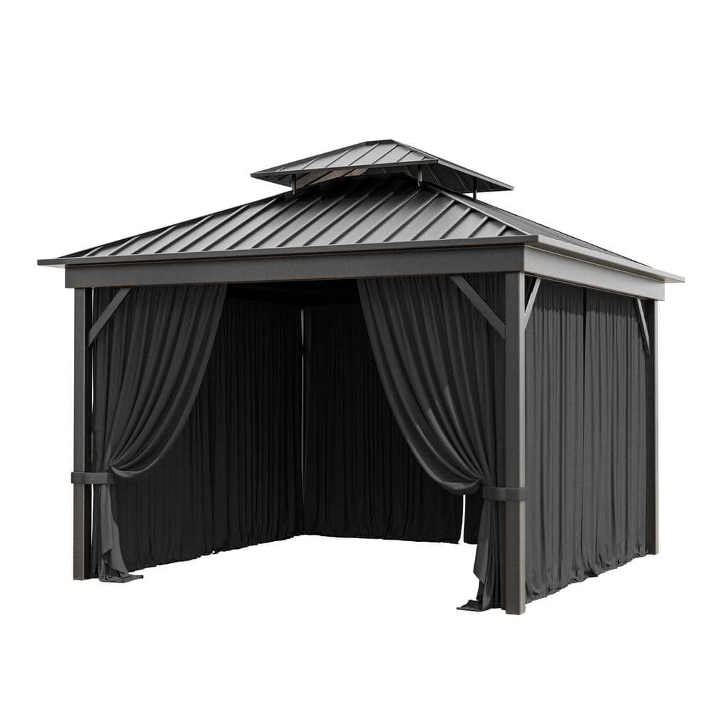 10 ft. x 10 ft. Universal Outdoor Privacy Curtains, Gazebo Replacement with Zipper Black (4-Side Curtain Only) - Hercitys