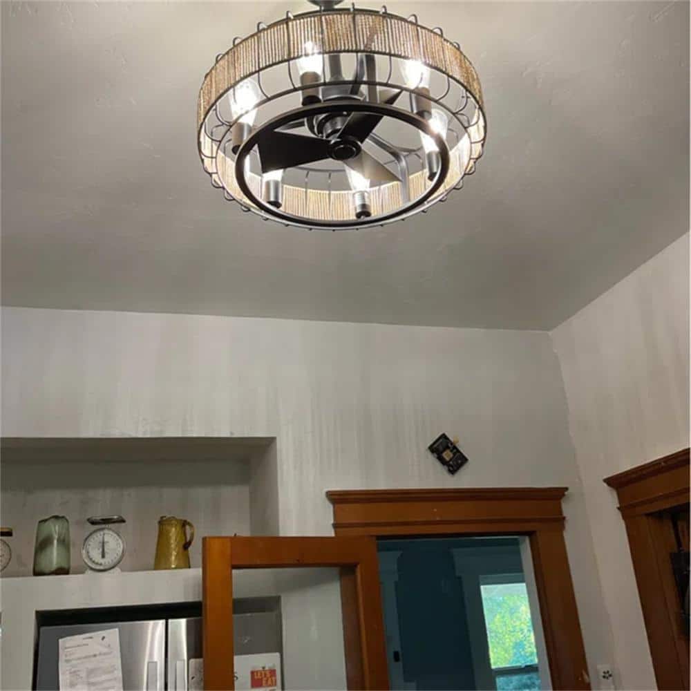 23 in. 6-Light Indoor/Outdoor Black Ceiling Fan with Paper Rope Shade and Remote Control - Hercitys