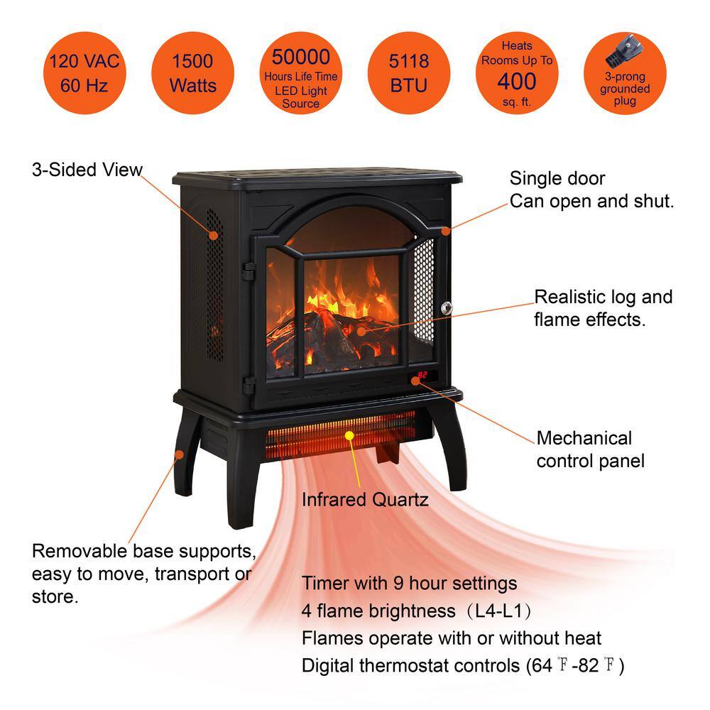 10 in. Freestanding Electric Infrared Quartz Fireplace Stove with Remote Control - Hercitys