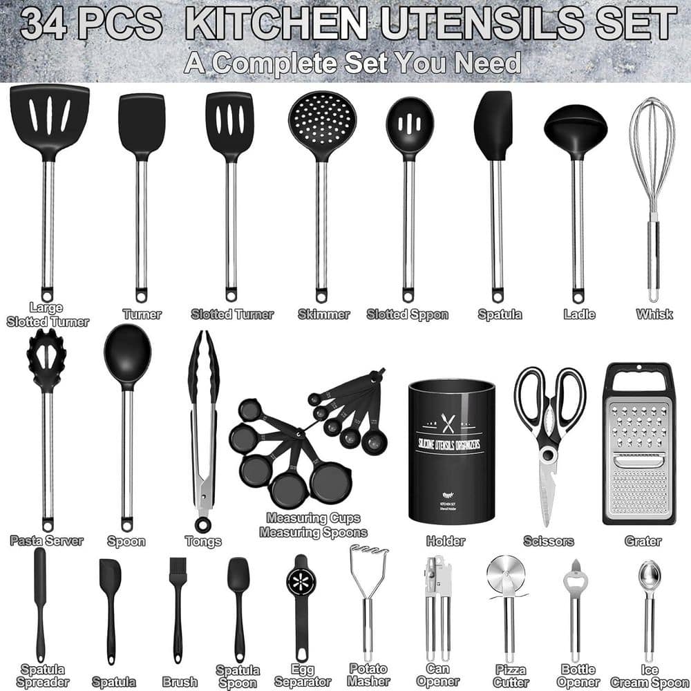 34-Piece Black Silicone Stainless Steel Kitchen Utensils Set with Cooking Tools for Nonstick Cookware - Hercitys