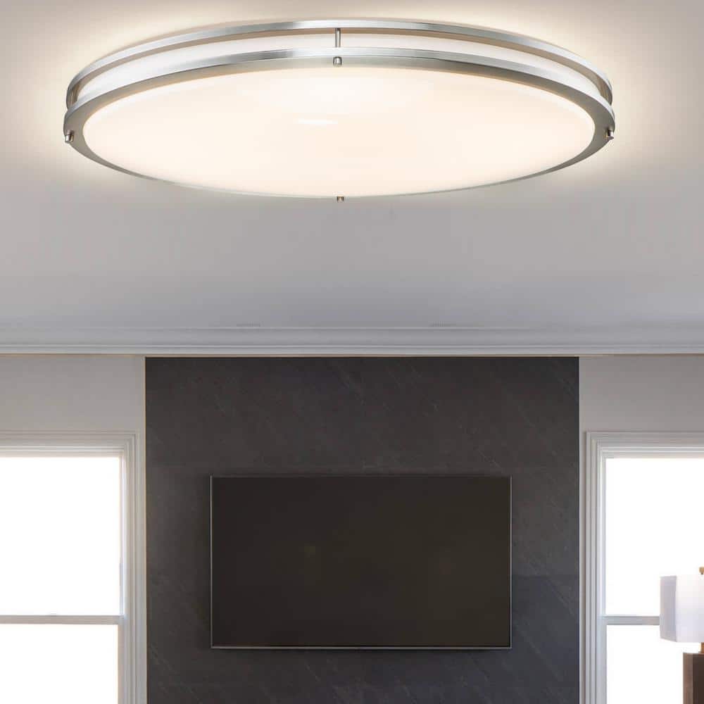 32.5 in. Brushed Nickel Oval 35-Watt Dimmable LED Flush Mount with Opal Acrylic Shades - Hercitys