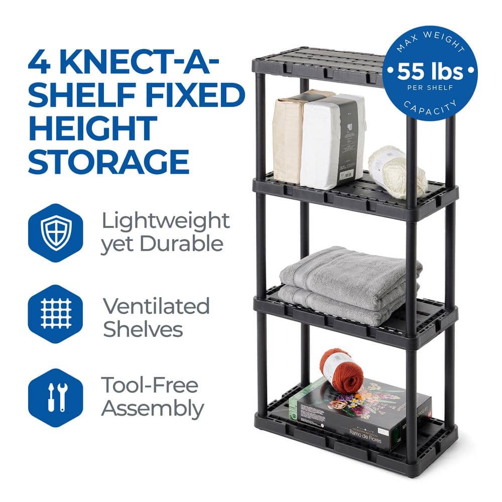 4 Shelf Knect-A-Shelf Solid Light Duty Storage Unit, W 12 in. x H 48 in. x D 24 in., Resin Frame Material, Black 2 Pck - Hercitys