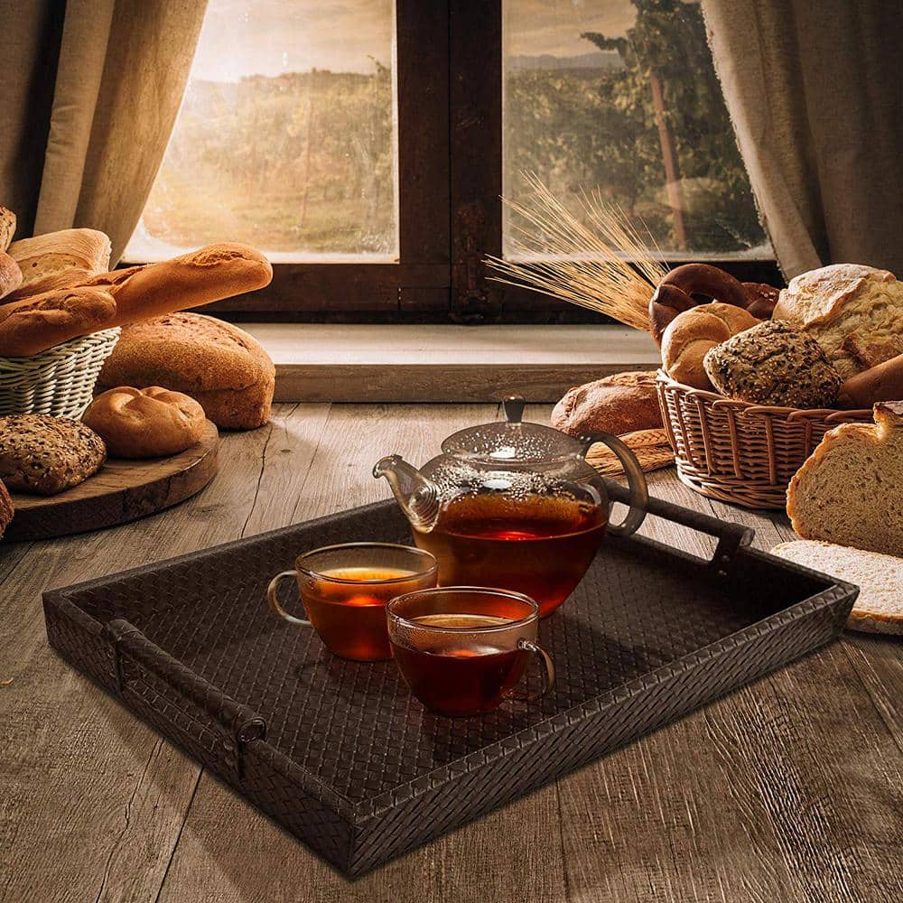 19 in. x 2 in. x 14 in. Brown Faux Leather and Polypropylene Rectangle Serving Tray with Handles - Hercitys