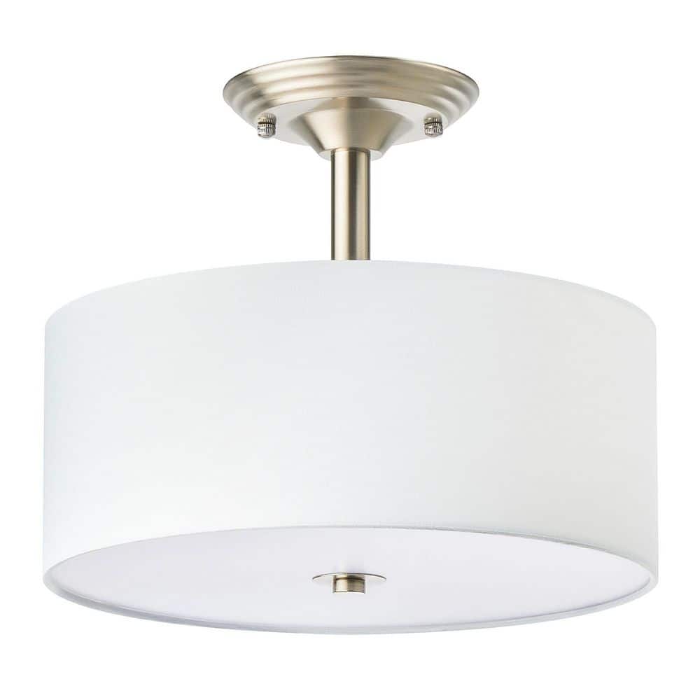 13 in. 2-Light Brushed Nickel Semi-Flush Mount Light with Fabric Drum Shade - Hercitys