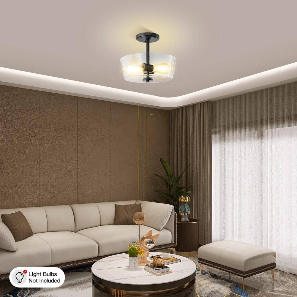 12 in. 2-Light Matte Black Round Semi-Flush Mount, Modern Ceiling Light with Clear Glass Drum Shade - Hercitys