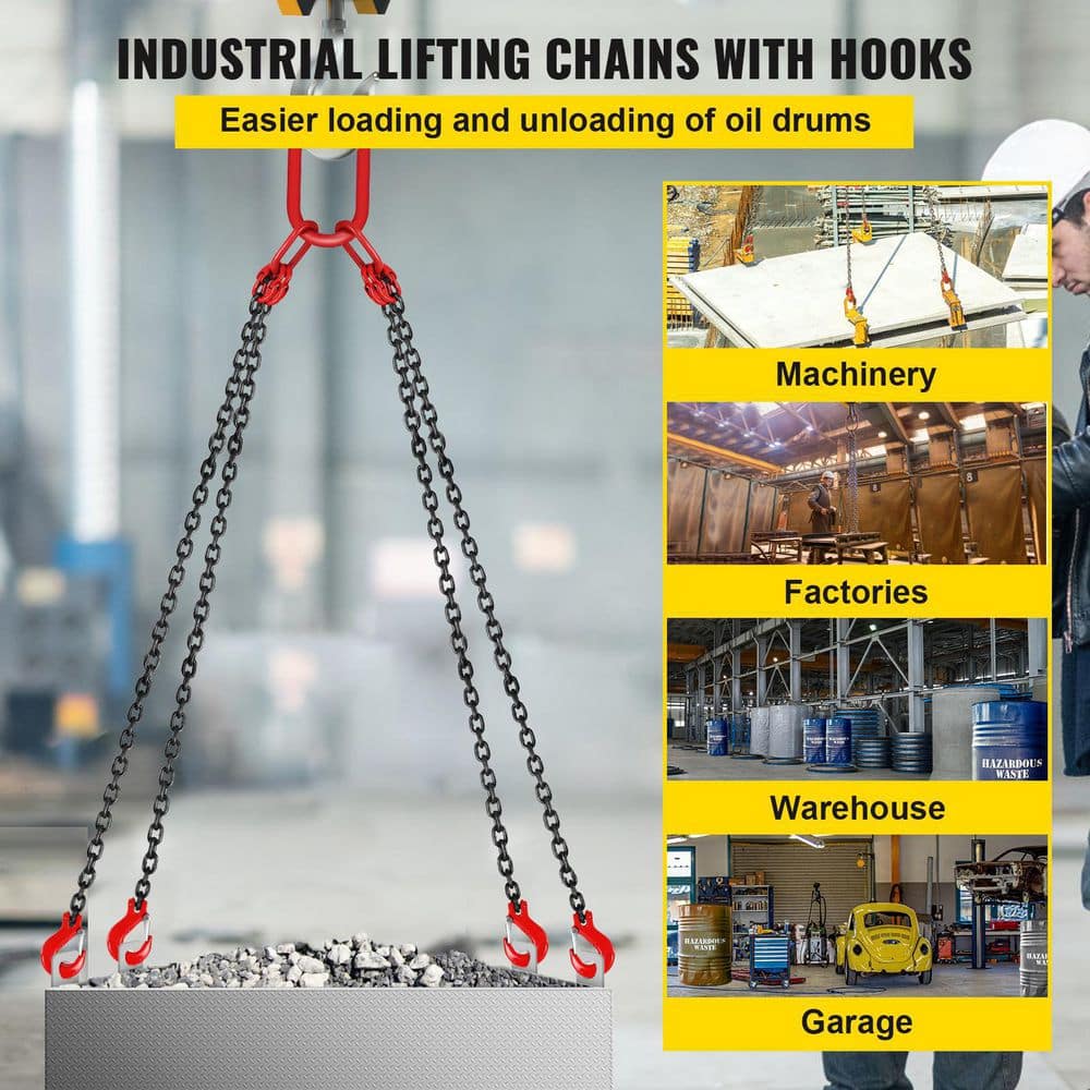 5 ft. Hoist Chain Sling 5/16 in. Engine Lift Chain G80 Alloy Steel 3-Ton with 4 Leg Grab Hooks and Adjuster - Hercitys