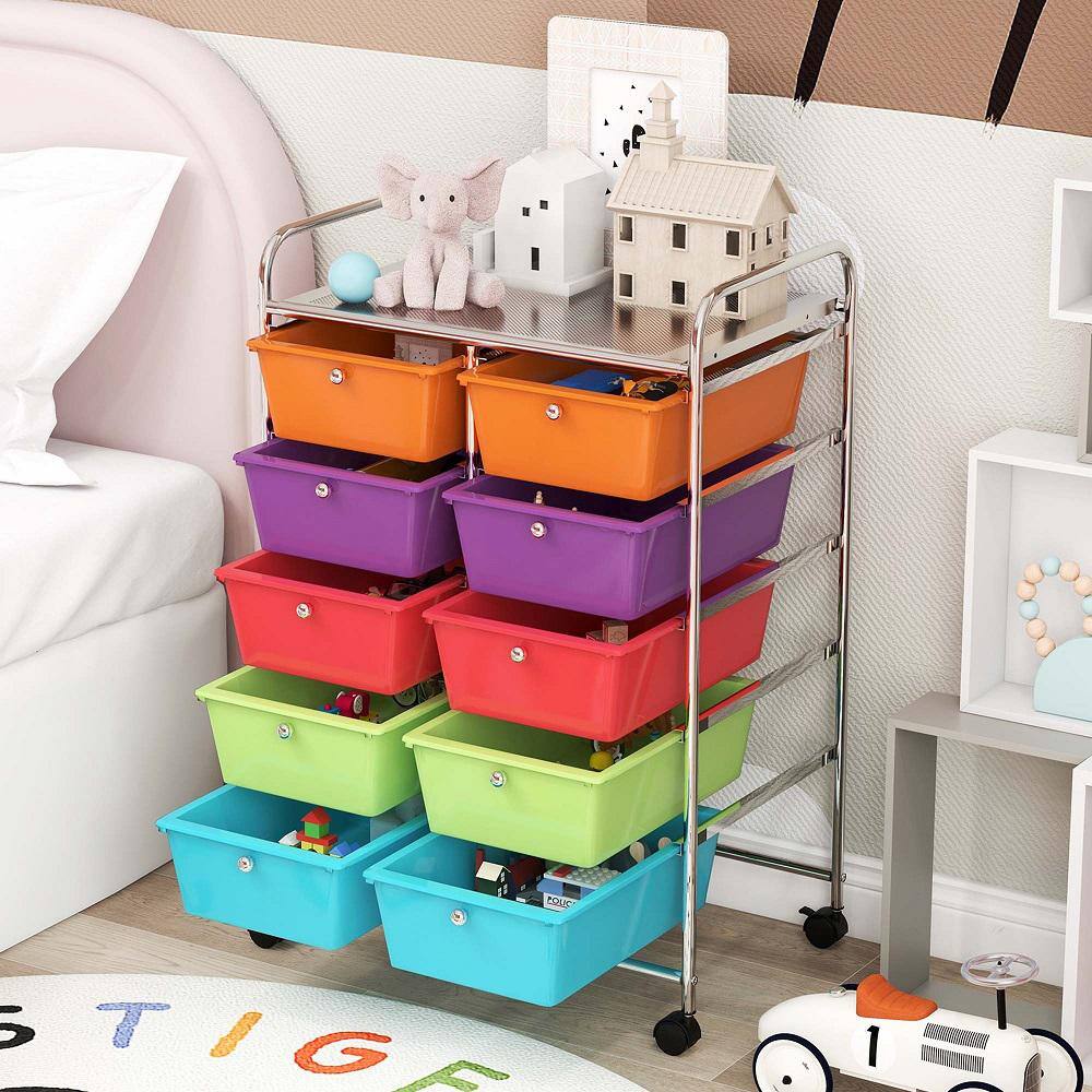 10-Drawer 4-Wheeled Plastic Storage Cart Utility Rolling Trolley Kitchen Office Organizer in Multi-Color - Hercitys