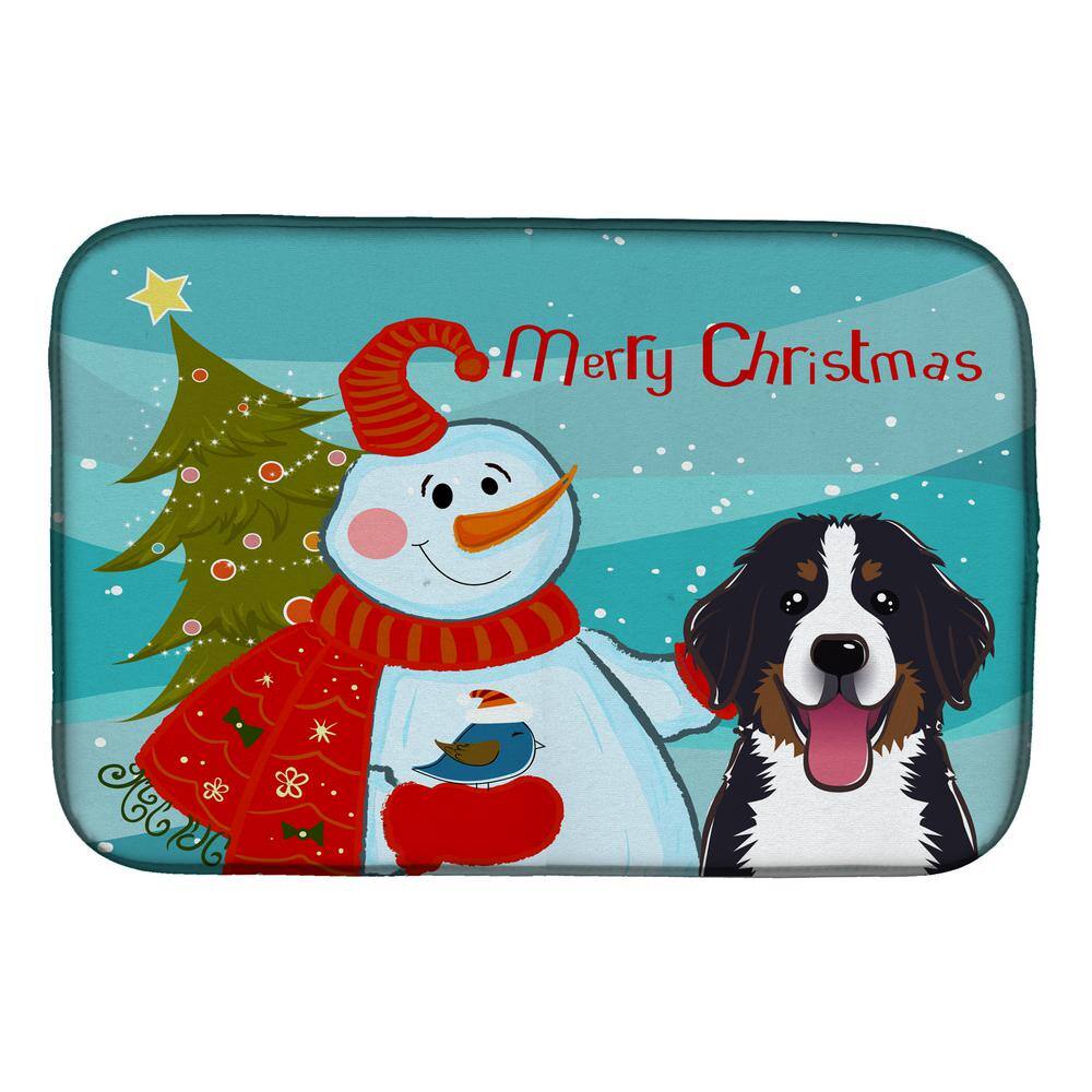14 in. x 21 in. Multicolor Snowman with Bernese Mountain Dog Dish Drying Mat - Hercitys
