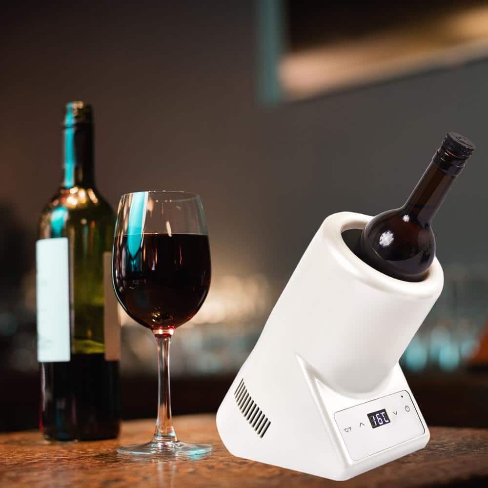 110V AC/12V DC Cellar Cooling Unit 5.3 in. Single Bottle Wine-Champagne-Water Chiller Thermo-Electric in White - Hercitys