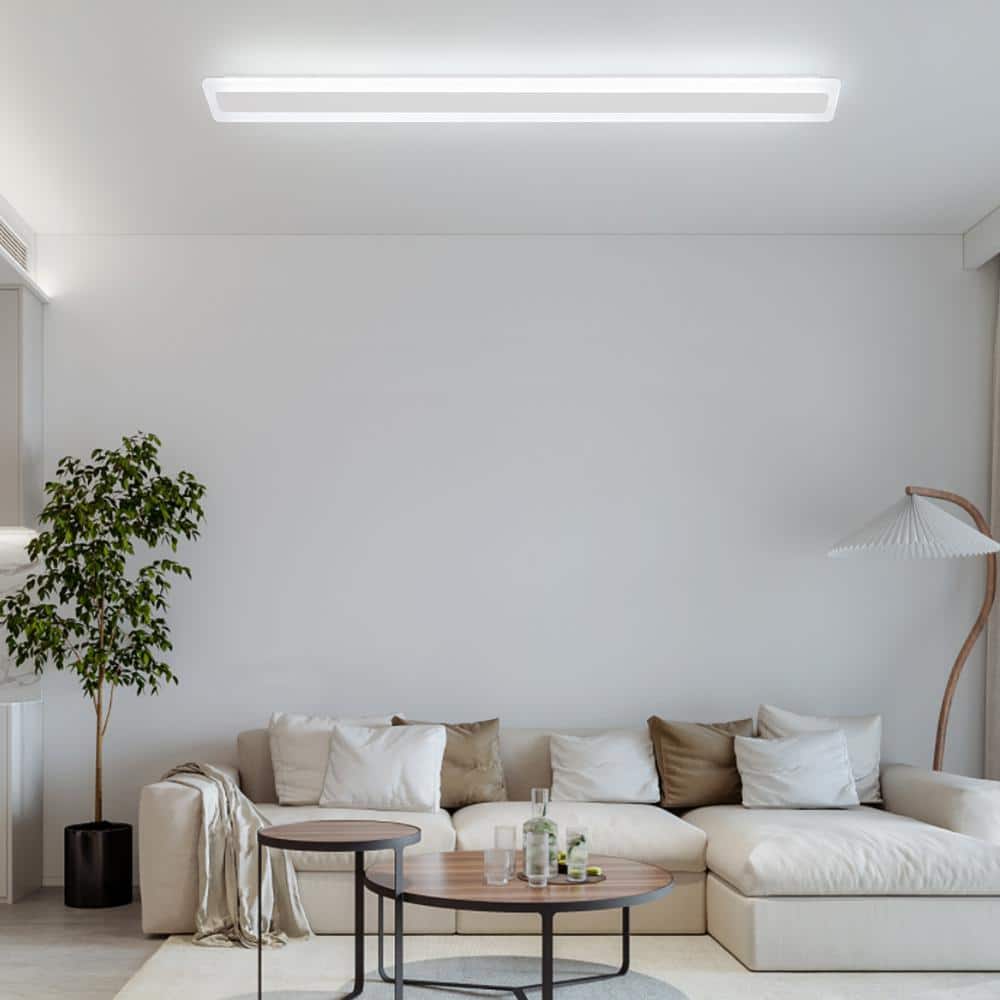 39.3 in. White Modern Rectangular Flush Mount Ceiling Light with 3-Color Integrated LED Light Source for Bedroom - Hercitys