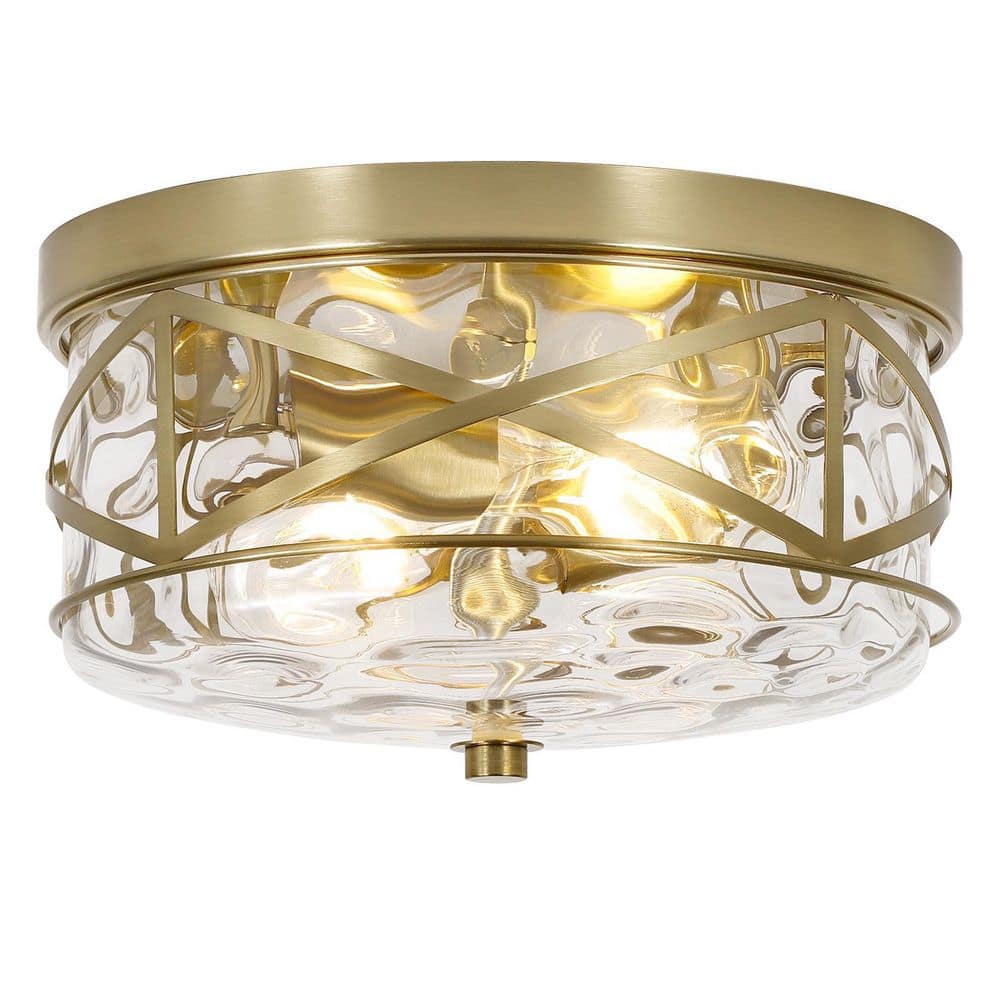12 in. 2-Light Brass Gold Flush Mount Water Ripple Glass Ceiling Light with Metal Frame - Hercitys