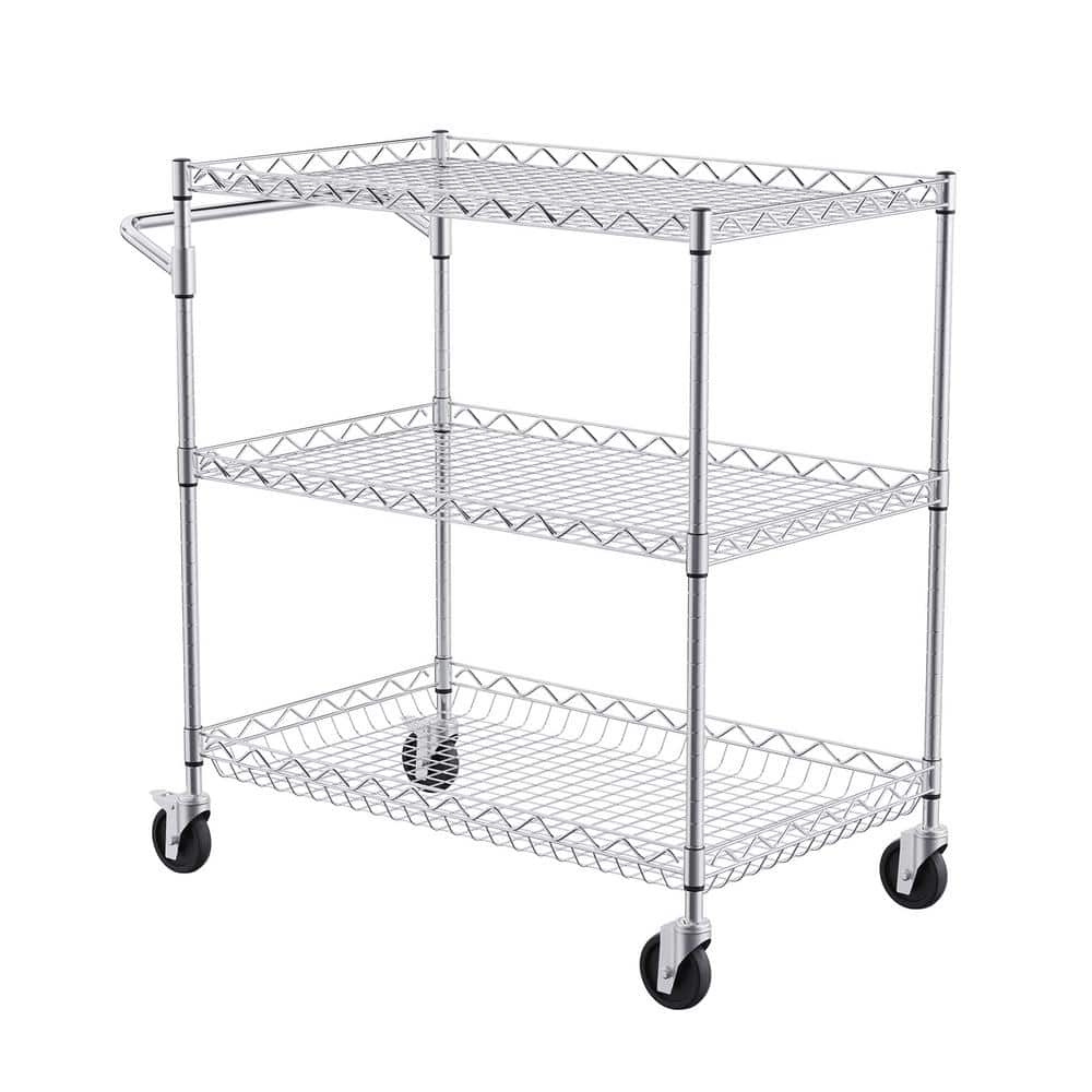 3-Tier Kitchen Cart 661 lbs. Capacity Wire Rolling Cart, Steel Service Trolley with 80 mm Deep Basket, Silver - Hercitys