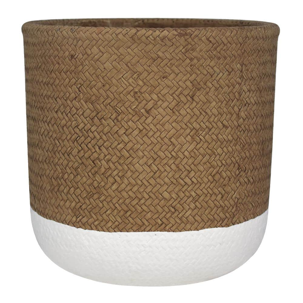 10 in. White and Natural Reed Round Cement Planter - Hercitys