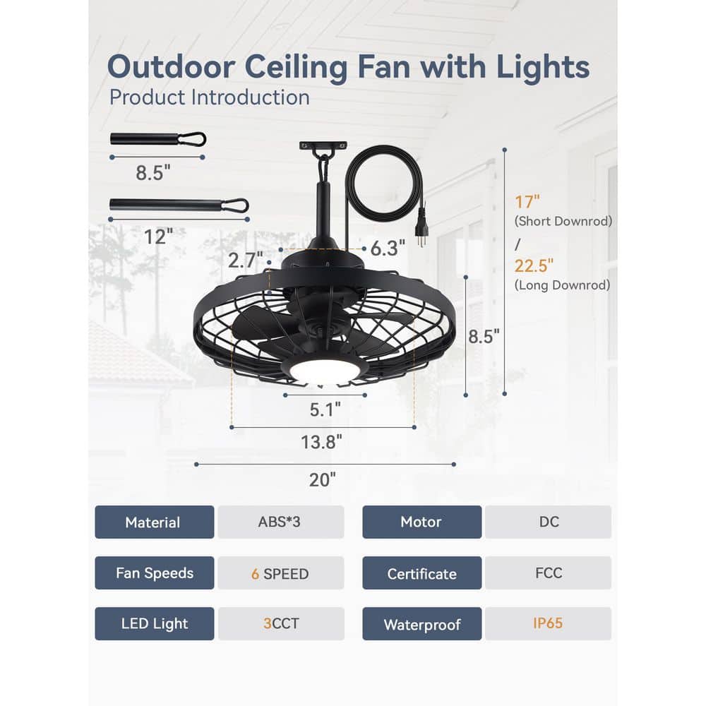 20 in. Outdoor Black Waterproof Caged Ceiling Fan with Light and Remote Control - Hercitys