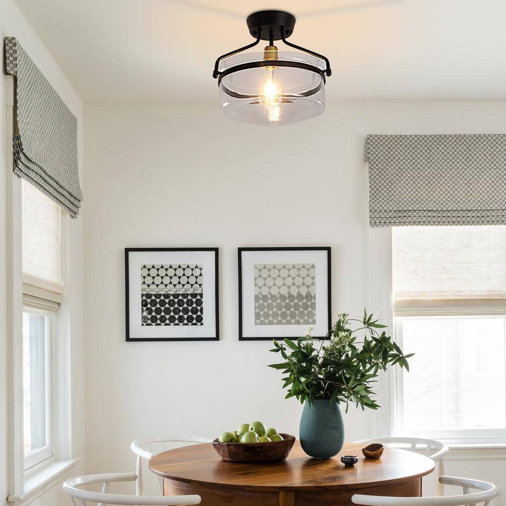 13 in. 1 Light Black Dimmable Semi-Flush Mount with Clear Glass Shade for Bedroom Foyer - Hercitys