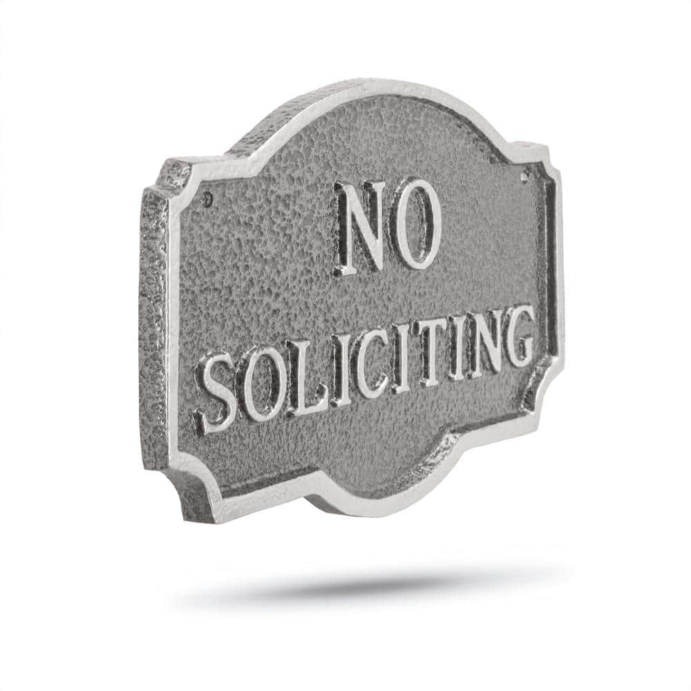 4.5 in. x 7.15 in. Petite Montague No Soliciting Statement Plaque Sign – Swedish Iron/Silver - Hercitys