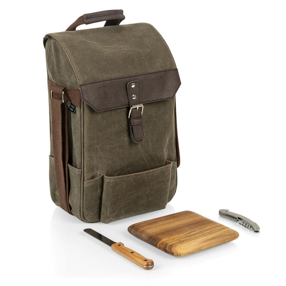 2-Bottle Khaki Green Waxed Canvas Wine Cooler Bag and Cheese Board Set - Hercitys