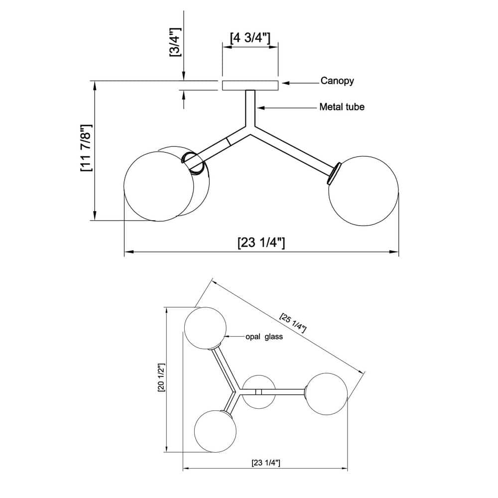 31 in. 3 Light Black Dimmable Modern Sputnik Semi-Flush Mount Chandelier Ceiling Light Fixtures for Bedroom Living Room - Hercitys