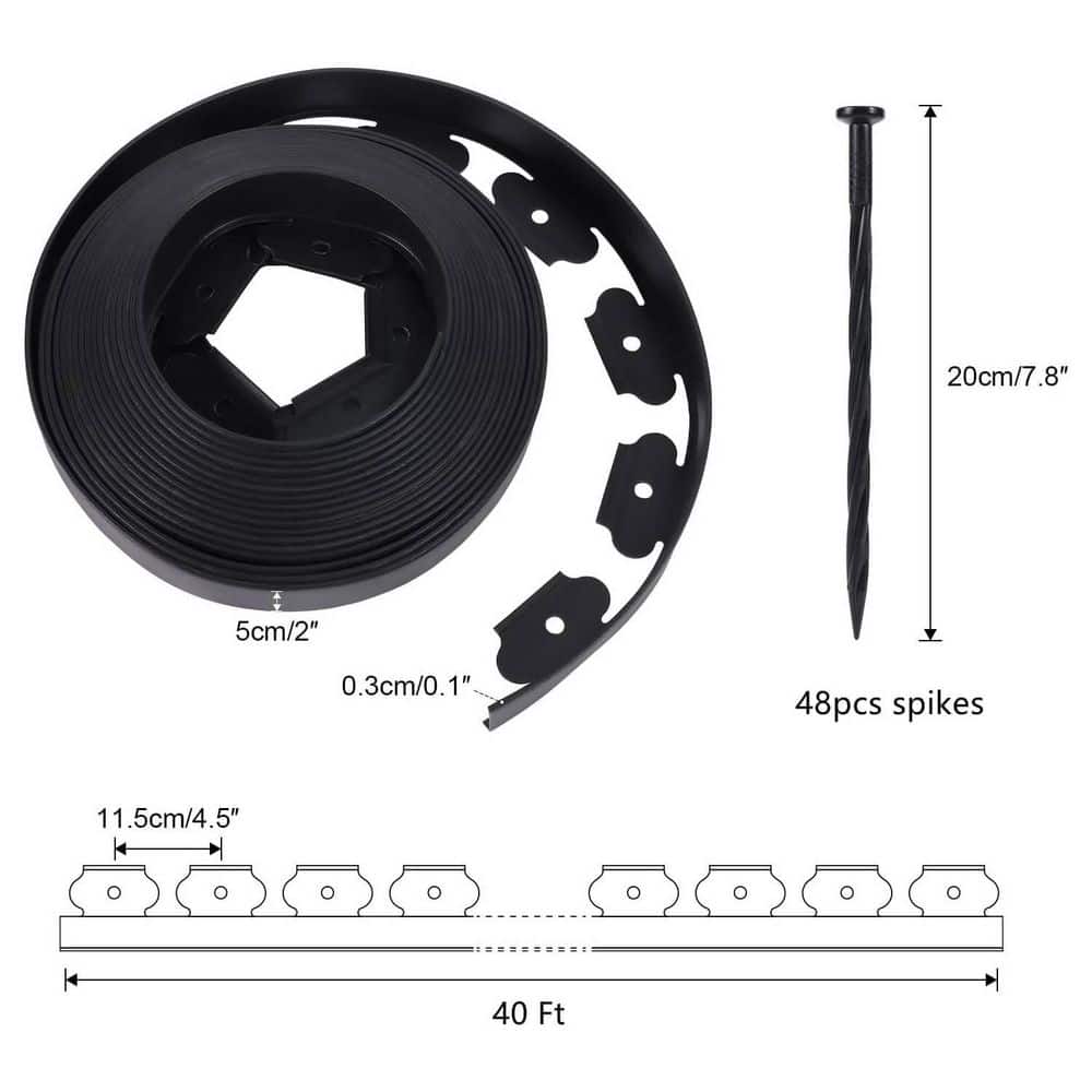 40 ft. x 0.1 in. x 2 in. Black Polyethylene Edging with Stakes, No Dig, Cuttable - Hercitys