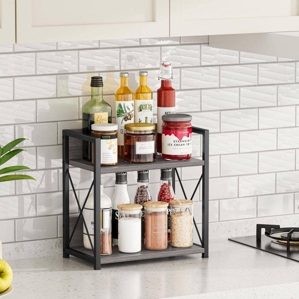 2-Tier Wood Kitchen Countertop Organizer, Spice Rack Organizer for Pantry (Gray, M) - Hercitys