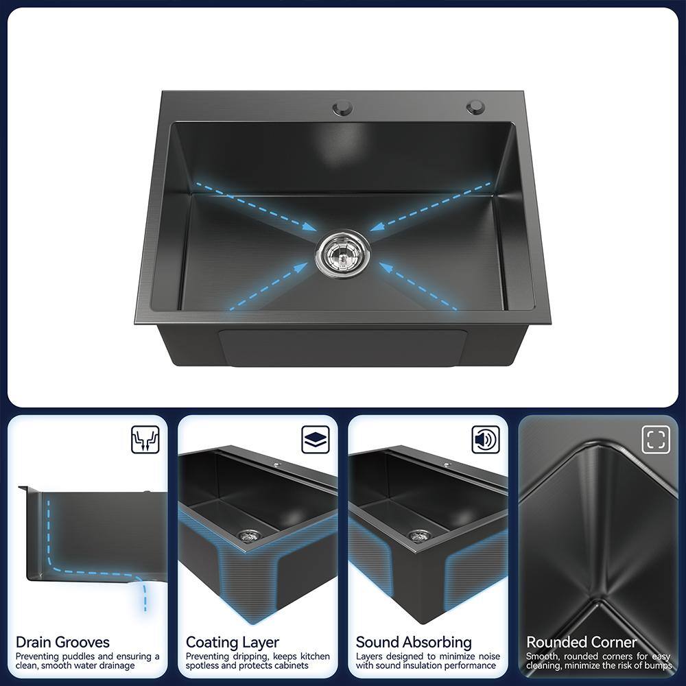 27 in Drop-In Single Bowl 20-Gauge Black Stainless Steel Workstation Kitchen Sink with US Standard Drain and Hook - Hercitys