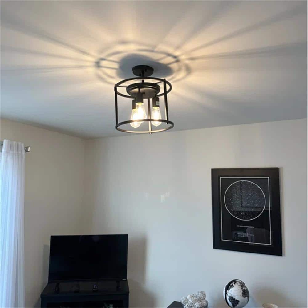 12 in. 3-Light Black Drum Cage Semi-Flush Mount Light - Hercitys