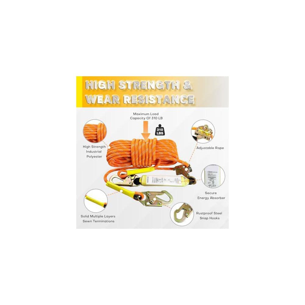 50FT Fall Protection Safety Rope Heavy Duty Vertical Roofing Line with Grab Snap Hooks and Shock Absorber - Hercitys