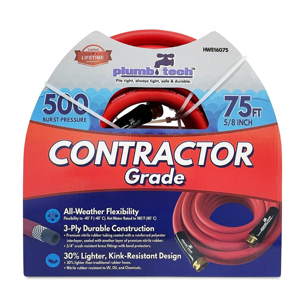 5/8 in dia. x 75 ft. Premium Red Nitrile Rubber Multi-Purpose Hot/Cold Water Hose: Contractor Grade, BP 500-Piece - Hercitys