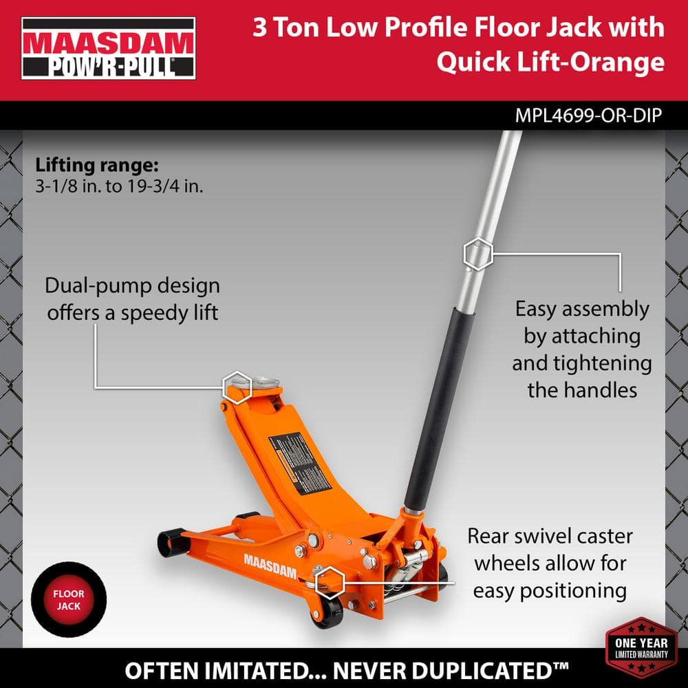 3-Ton Low Profile Floor Jack with Quick Lift in Orange - Hercitys