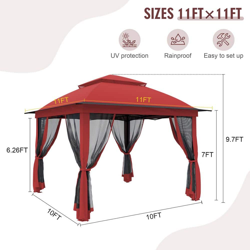 11 ft. x 11 ft. Pop-Up Steel Gazebo with Vented Double Roof, Mosquito Netting, and Carry Bag - Hercitys