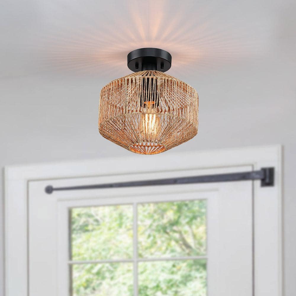 10.2 in. 1-Light Bohemian Natural Jute Rope Semi-Flush Mount Ceiling Light with Black Hardware - Hercitys