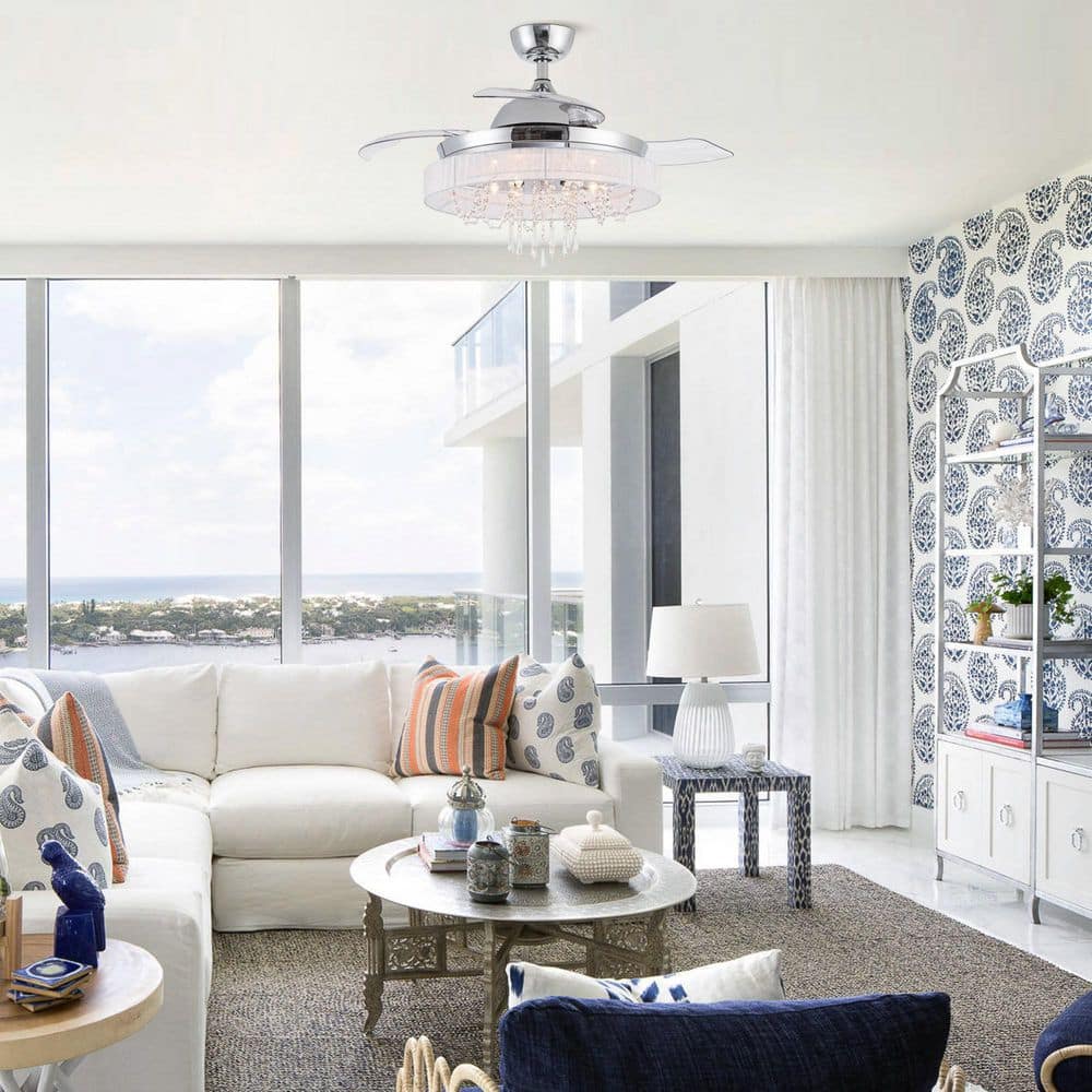 42 in. Indoor Retractable 3-Blade Crystal Chrome Ceiling Fan with Light Kit and Remote Control - Hercitys