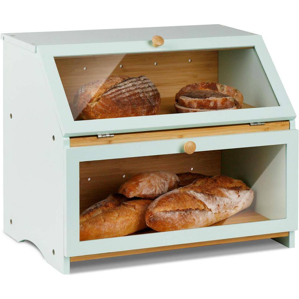 1 Piece Double Layer Bread Box for Kitchen Counter, Wooden Large Capacity Bread Storage Bin (Mint Green) - Hercitys