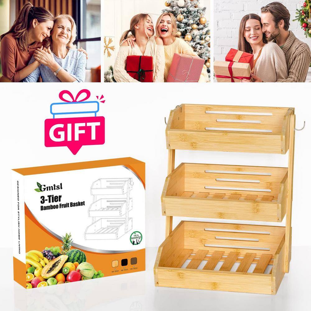 3-Tier Bamboo Fruit Bowl For Kitchen Counter, Large Fruit Holder With 2-Banana Hangers for Fruit and Vegetable Storage - Hercitys