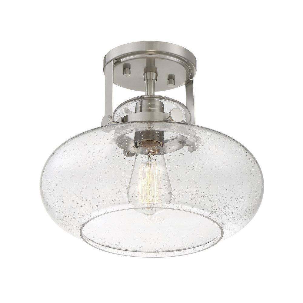 12 in. W x 10 in. H 1-Light Brushed Nickel Semi-Flush Mount Ceiling Light with Clear Seeded Glass Shade - Hercitys