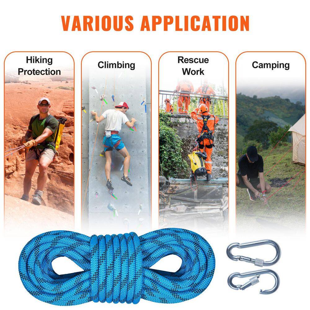 10.5 mm Static Climbing Rope, 19. 5M(64ft. ) Outdoor Rock Climbing Rope 25KN Breaking Tension, Steel Snap Hooks, Blue - Hercitys