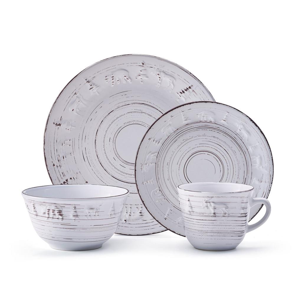 16-Piece Trellis Lodge White Stoneware Dinnerware Set (Service for 4) - Hercitys