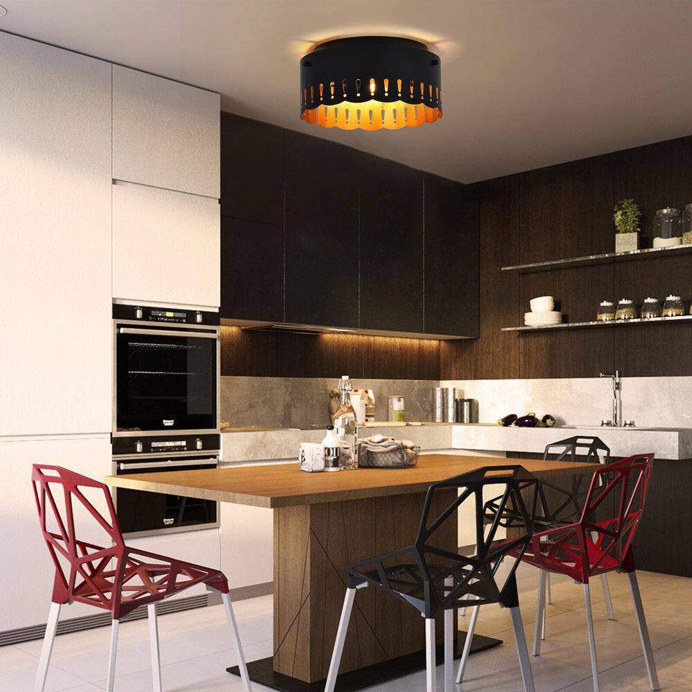 12 in. 3-Light Matte Black Industrial Drum Flush Mount Ceiling Light with Brass Inside Finish and Wavy Brim Fixture - Hercitys