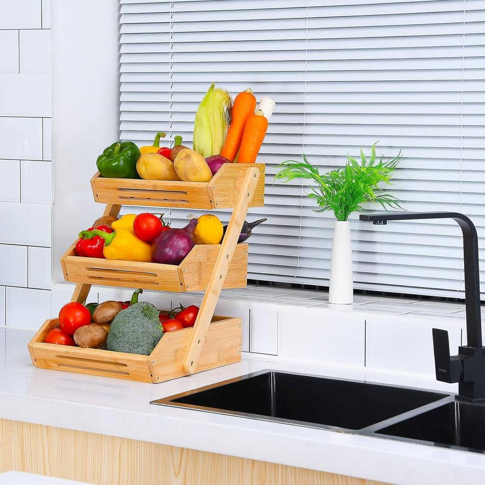 3 Tier Heavy Duty/Large Capacity Fruit Basket for Kitchen, Fruit Stand Storage Holder Countertop, Natrual - Hercitys