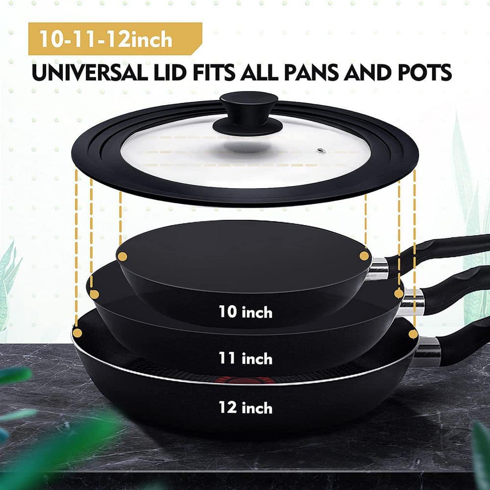 12 in. Universal Tempered Glass Pot Lid with Heat Resistant Silicone Rim for 10 in. 11 in. 12 in. Dia. Pots and Pans - Hercitys