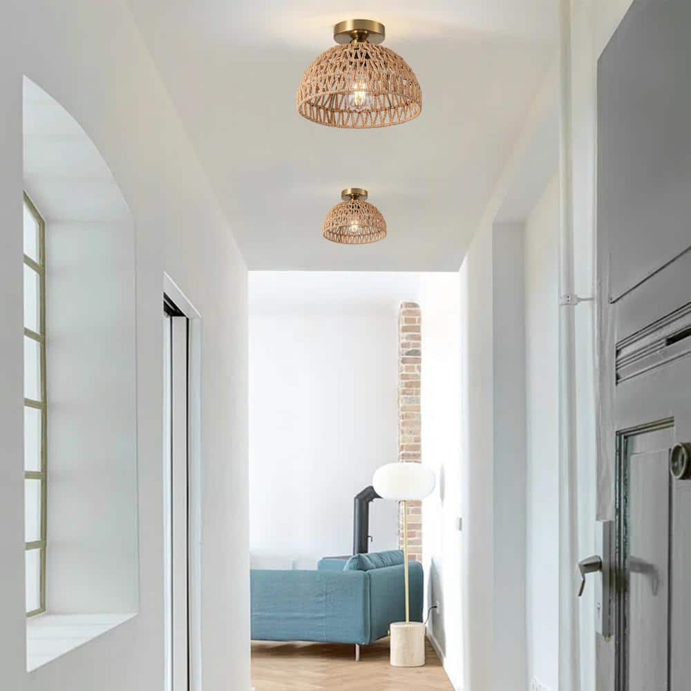 11.02 in. 1-Light Handmade Woven Boho Semi-Flush Mount Rustic Rattan Ceiling Light - Hercitys