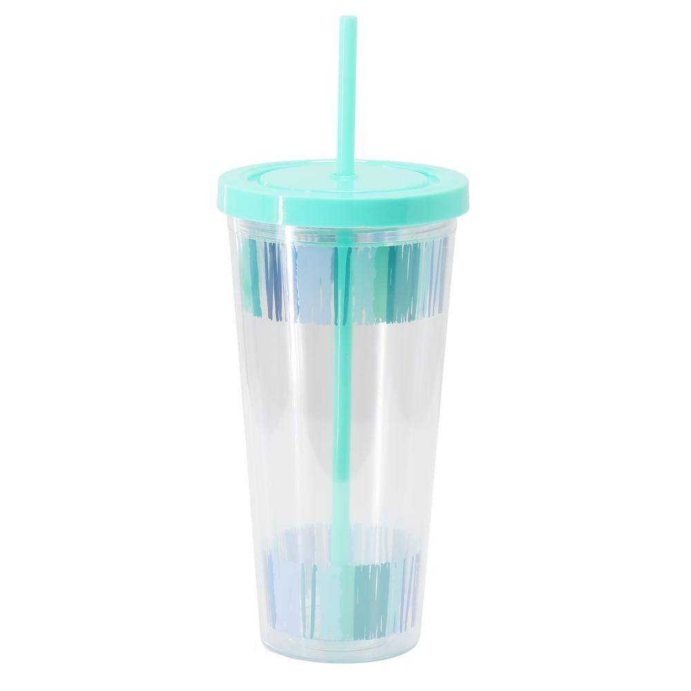 24 oz. Double Wall Blue Plastic Tumbler (Set of 6) with Lid and Straw - Hercitys