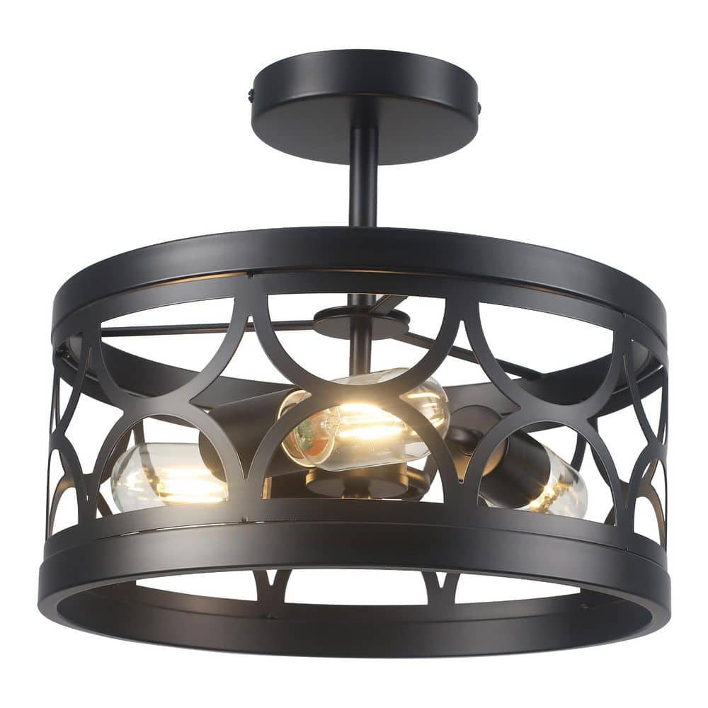 12.6 in. 3-Light Black Farmhouse Drum Semi-Flush Mount Light with Metal Shade - Hercitys