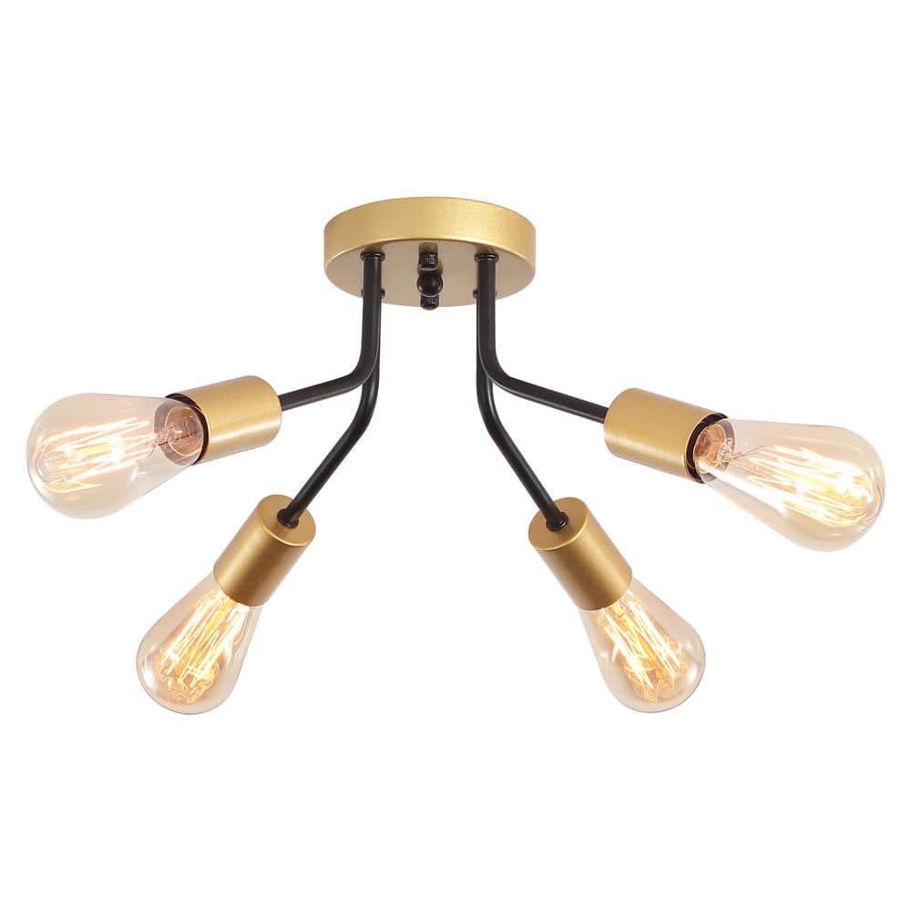 14.76 in. 4-light Black/Gold Modern Linear Semi- Flush Mount for Foyer with No Bulbs Included - Hercitys