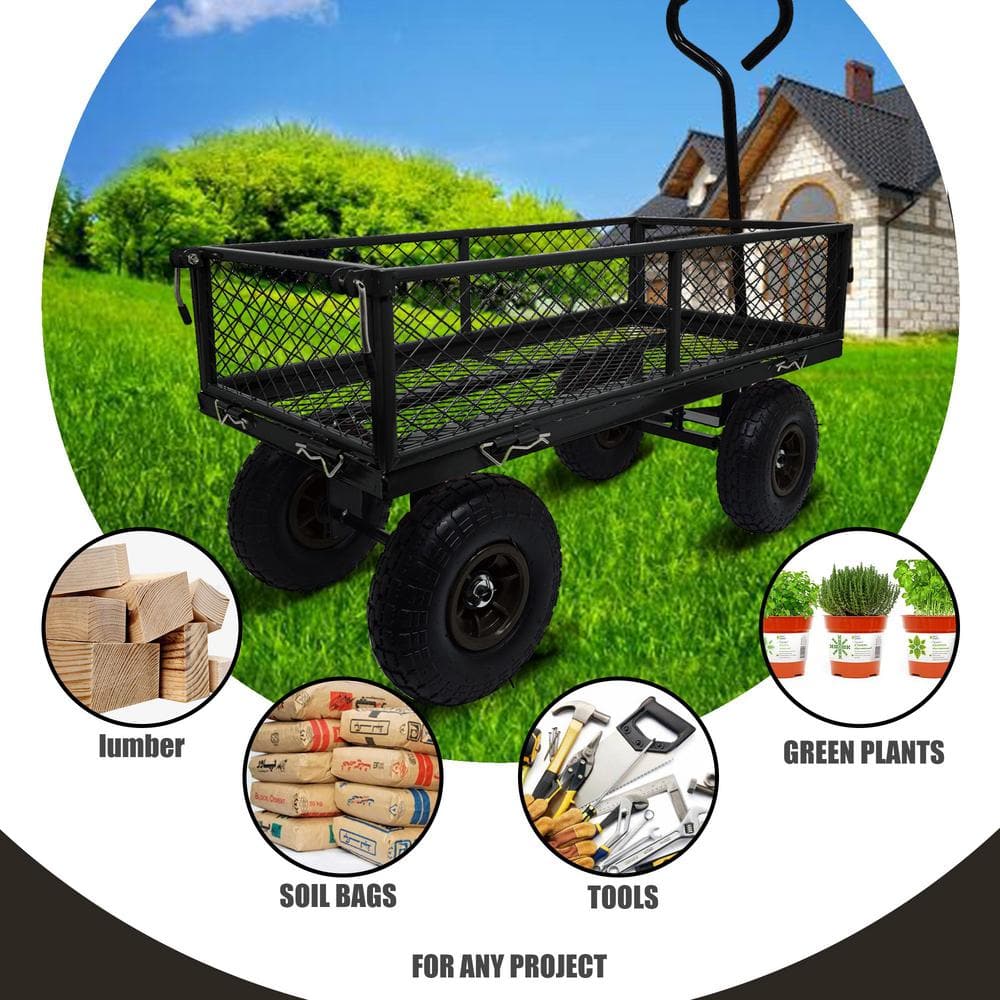 3.5 cu. ft. Mesh Steel Frame Wagon Heavy-Duty Push Garden Cart with Removable Sides for Outdoor Lawn Landscape in Black - Hercitys