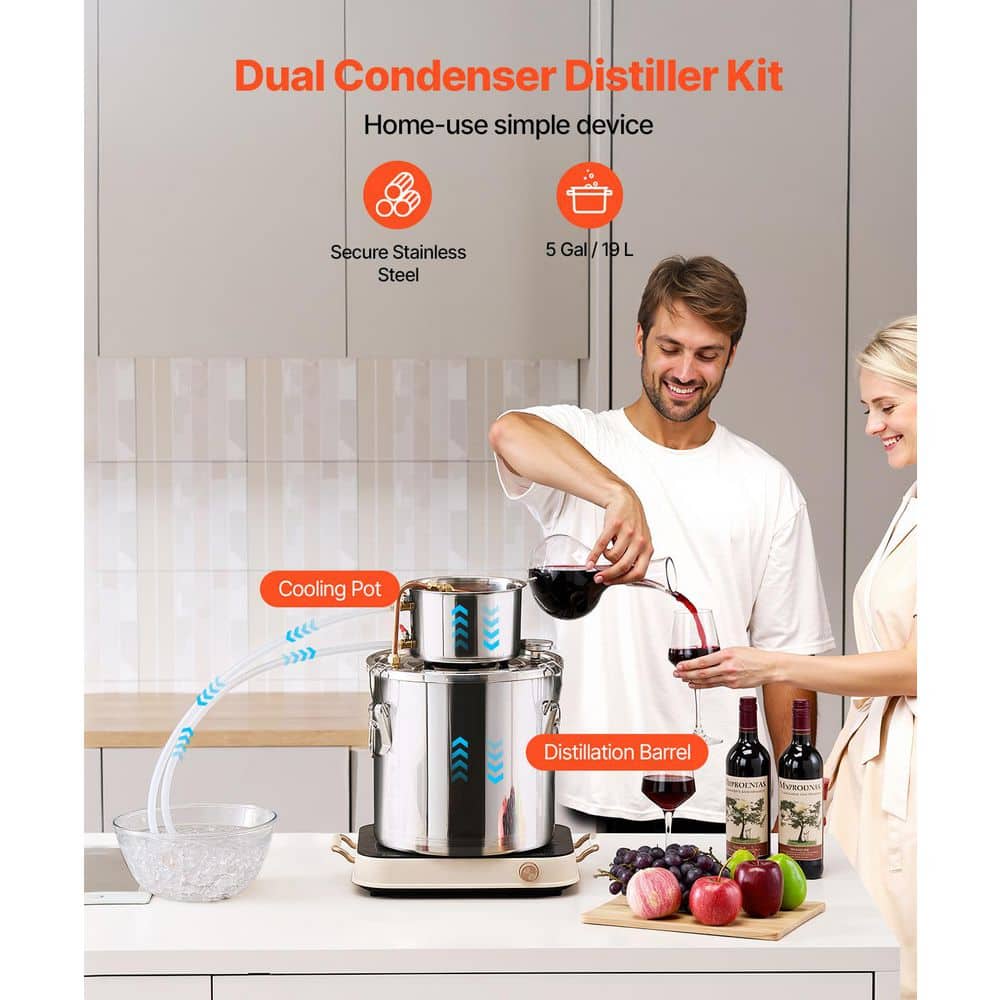 5 Gal./19 L Alcohol Still, Stainless Steel Water Alcohol Distiller with Copper Coil, Home Brewing Kit with Thermometer - Hercitys